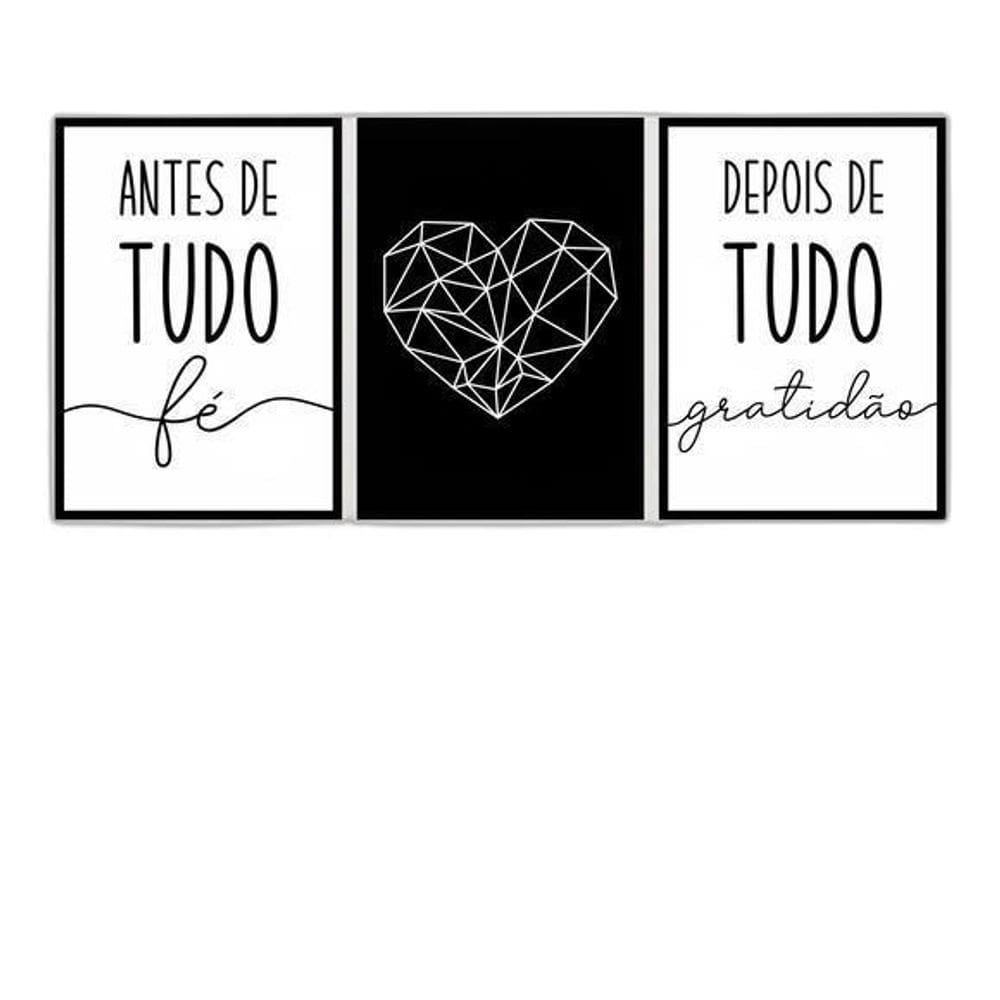 Kit 3 Quadros Fé Coração Geométrico 45X34Cm Com Vidro Preta