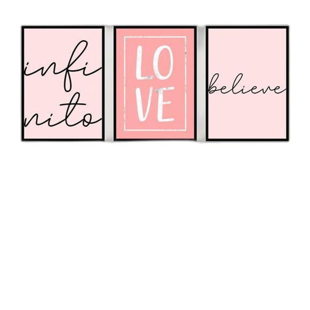 Kit 3 Quadros Infinito, Love, Believe Rosa 45X34Cm Preta