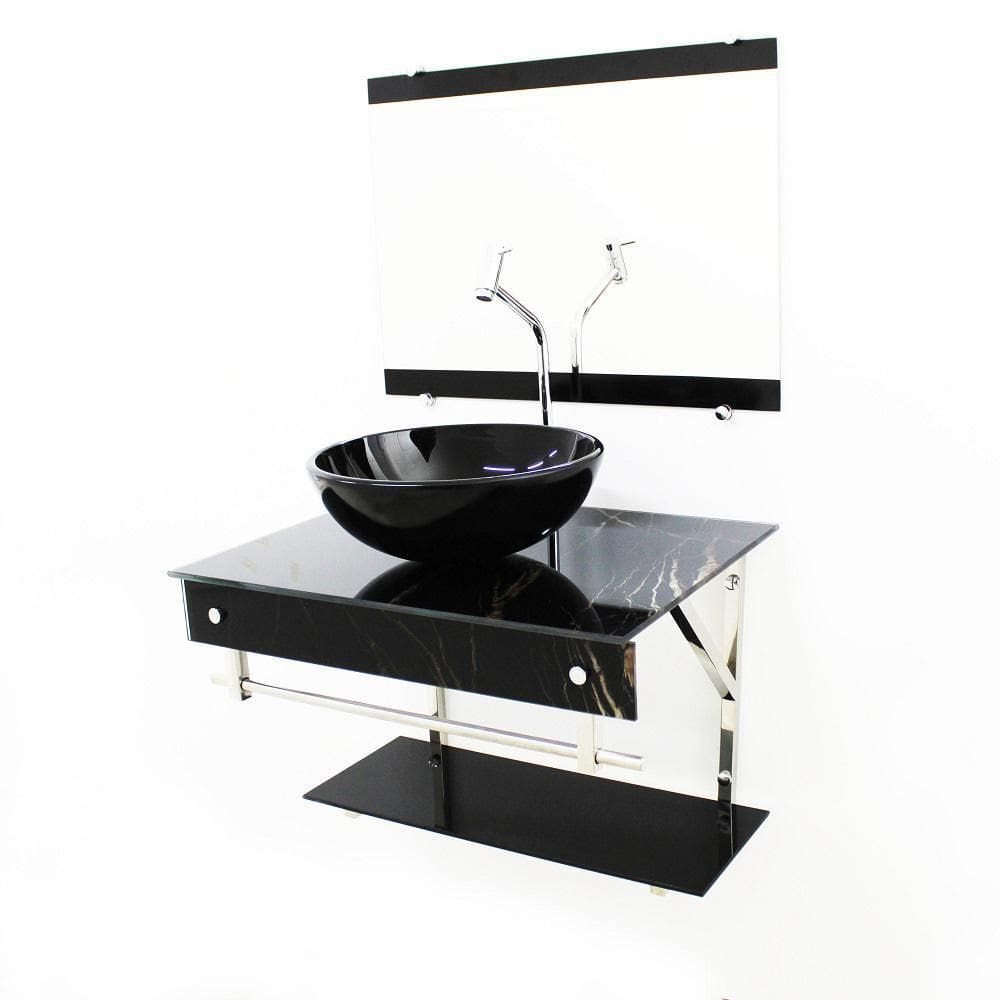 Kit Gabinete 60Cm Cuba Redonda Mármore Preto + Torneira