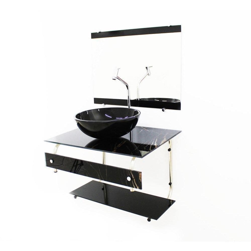 Gabinete Banheiro 60Cm Cuba Redonda Mármore Preto+Torneira