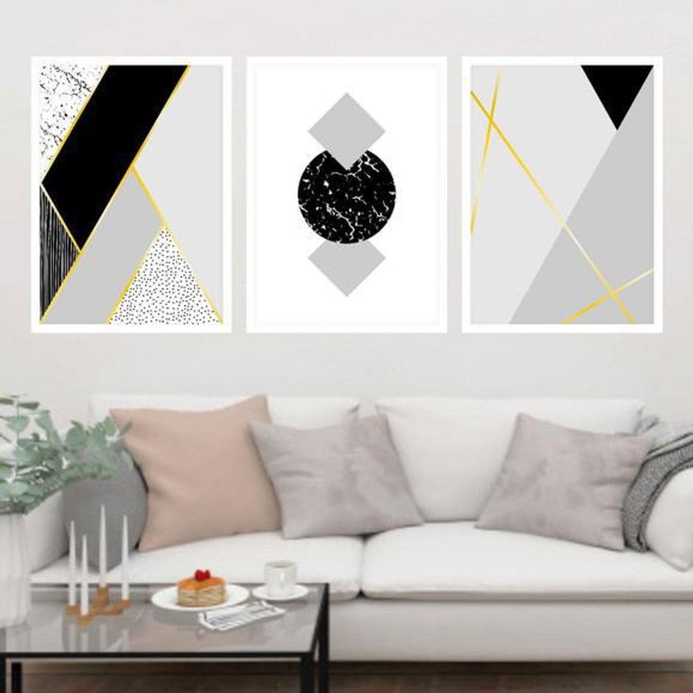 Kit 3 Quadros Decorativos Geométrico Cinza E Preto