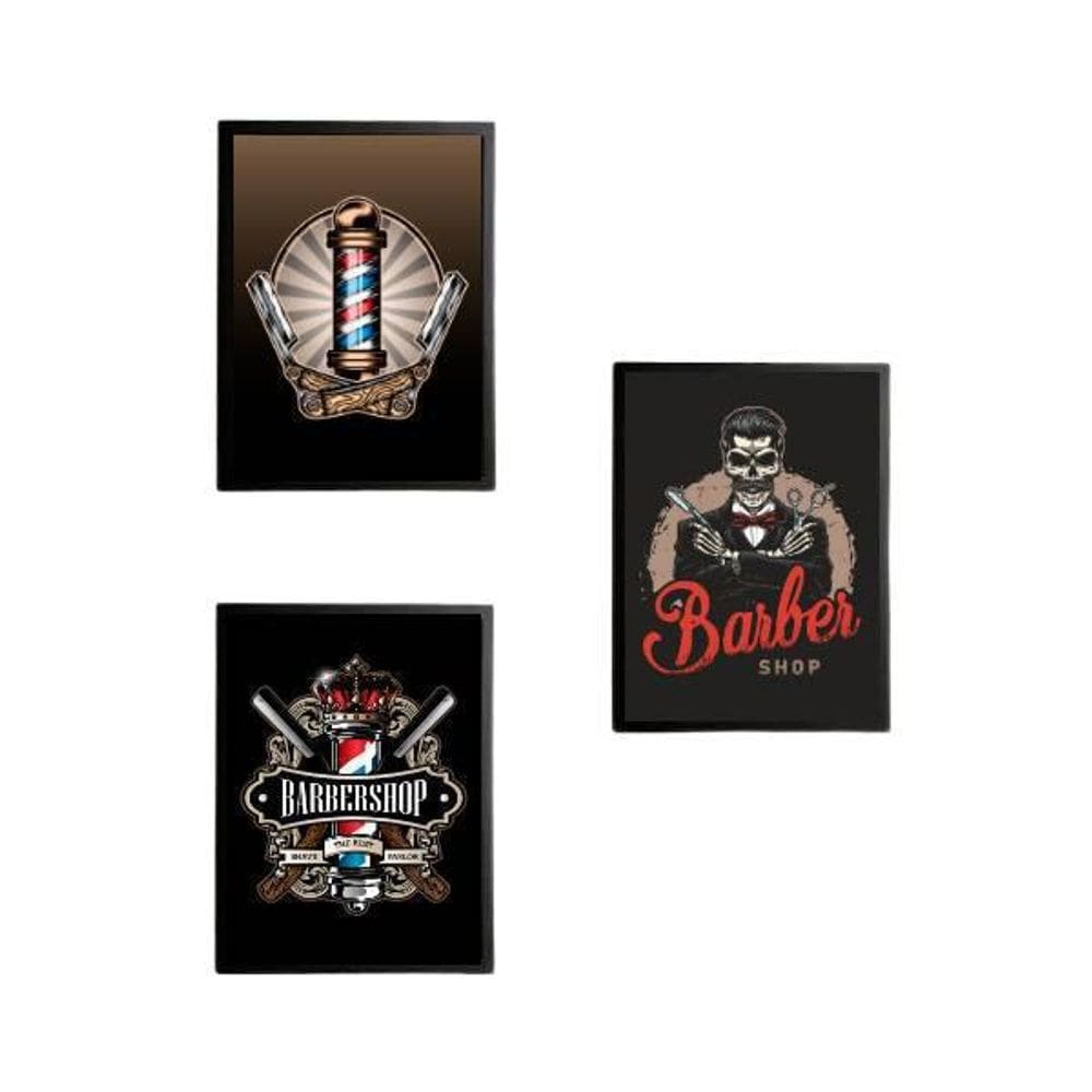 Kit 3 Quadros Decorativo Preto Símbolos Barber Shop