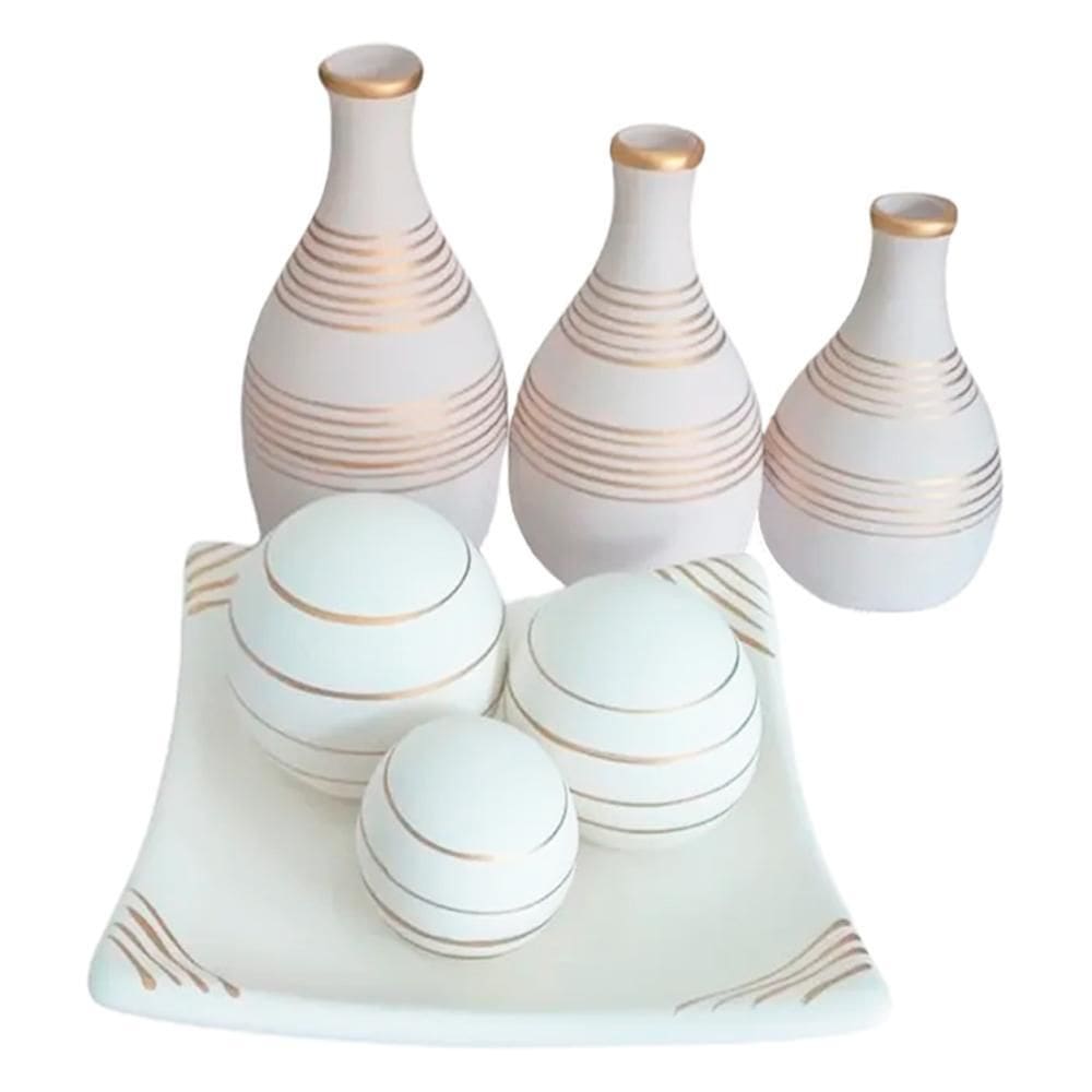 Jogo De Vasos Trio Garrafas E Centro De Mesa - White Gold