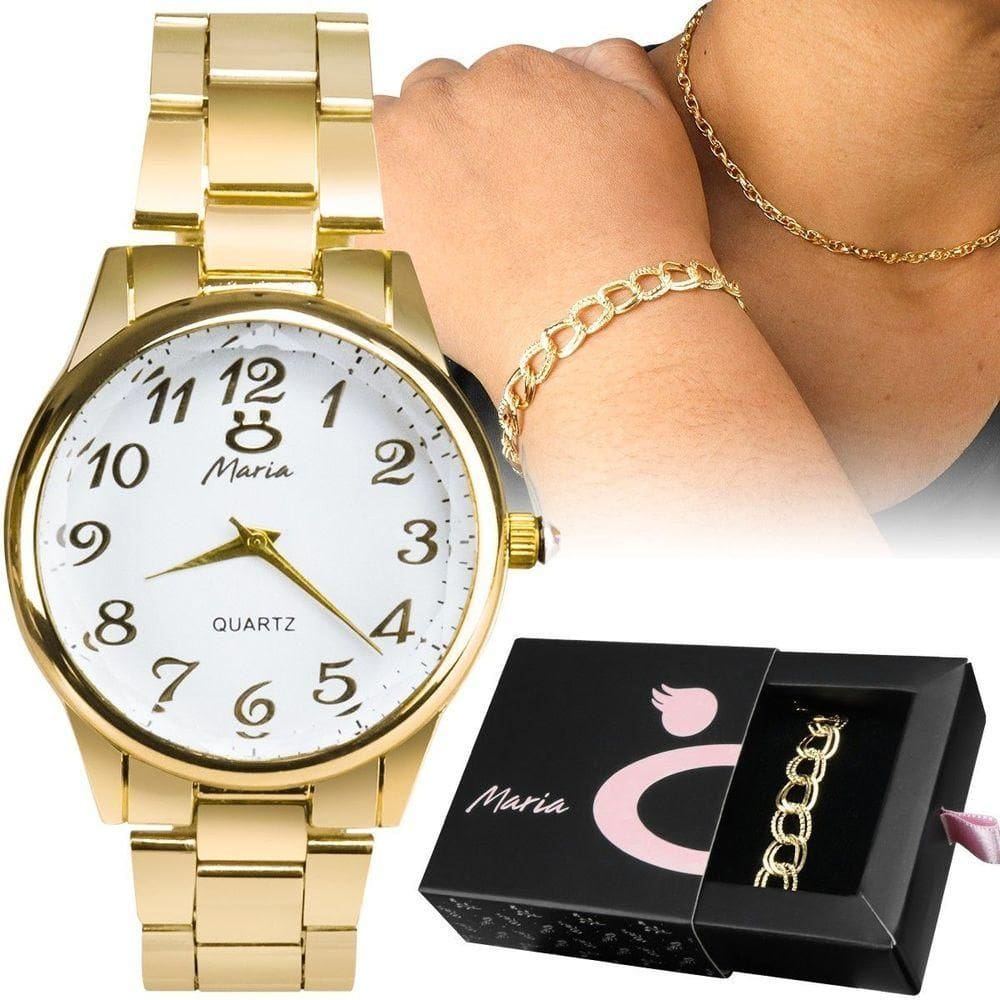 Relógio Feminino Dourado Banhado Strass + Colar + Pulseira autêntico Qualidade Premium Presente Moda