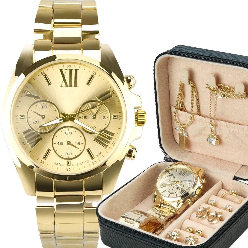 Relogio Feminino Banhado Aço + Porta Joia + Pulseira autêntico Qualidade Premium Social Prova Dagua