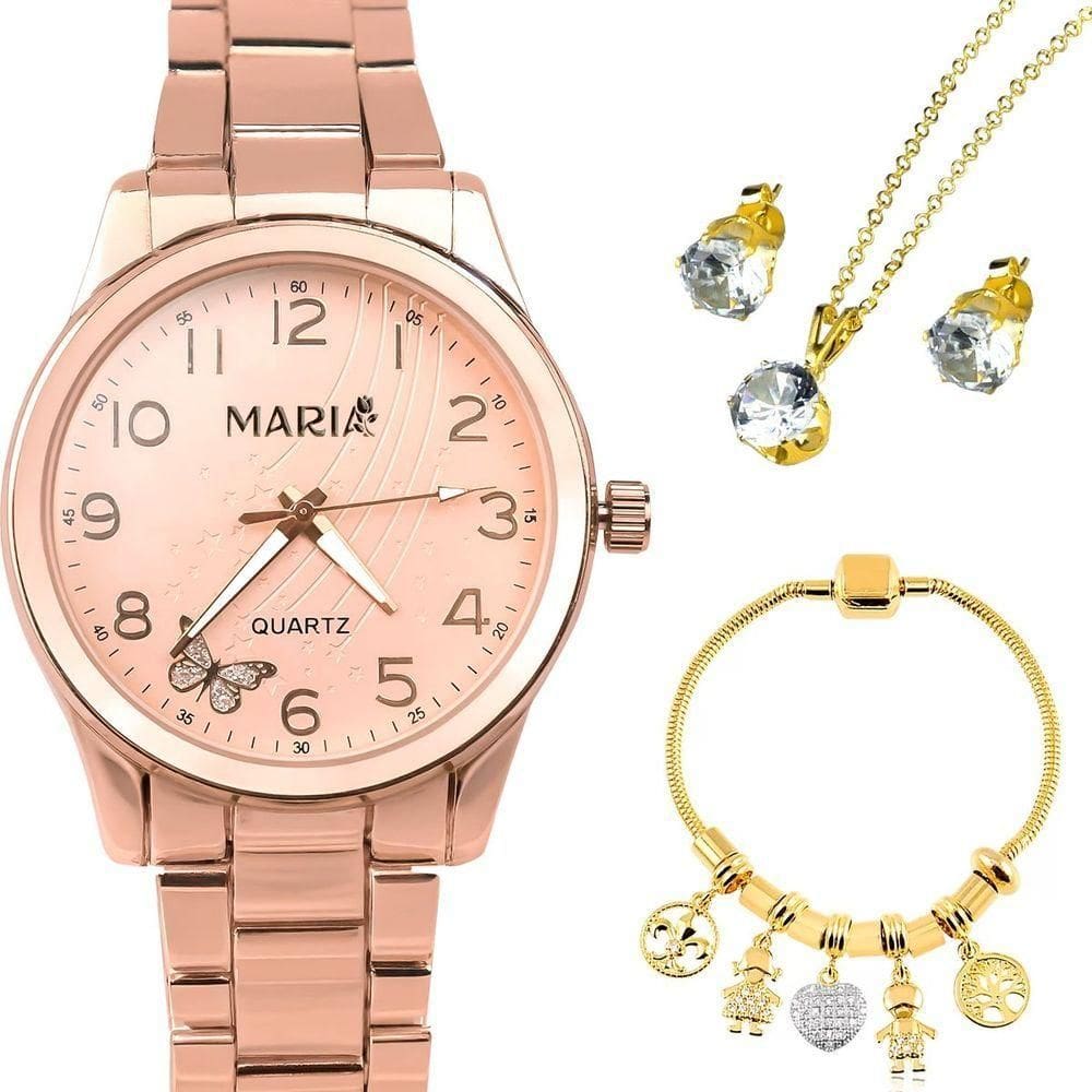 Relogio Feminino Banhado Rose Aco + Pulseira Presente autêntico Garantia Delicado Ajustavel Pingente