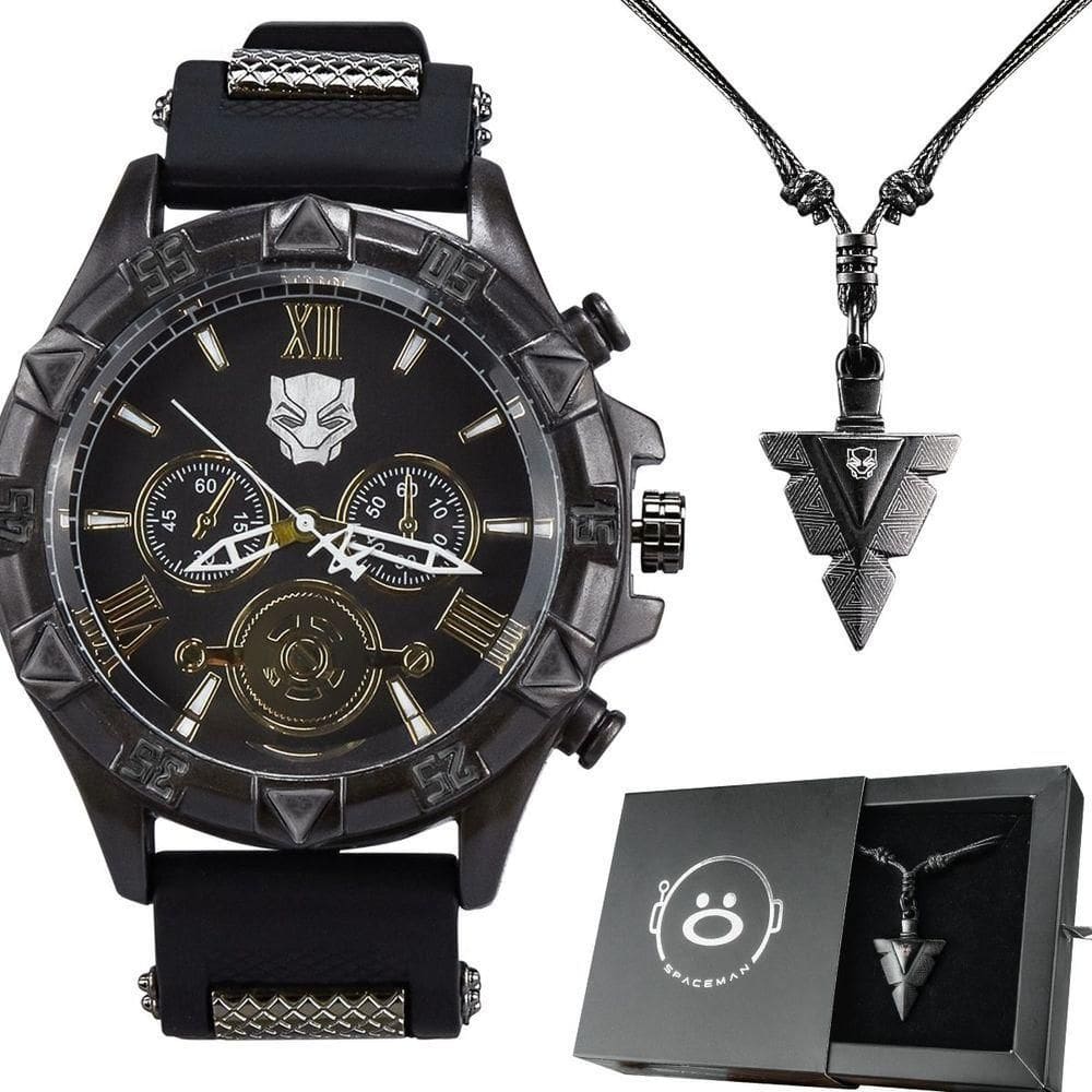 Relogio Masculino Pantera Preto Aço Inox + Corrente Cordão Analogico Presente Casual autêntico Social