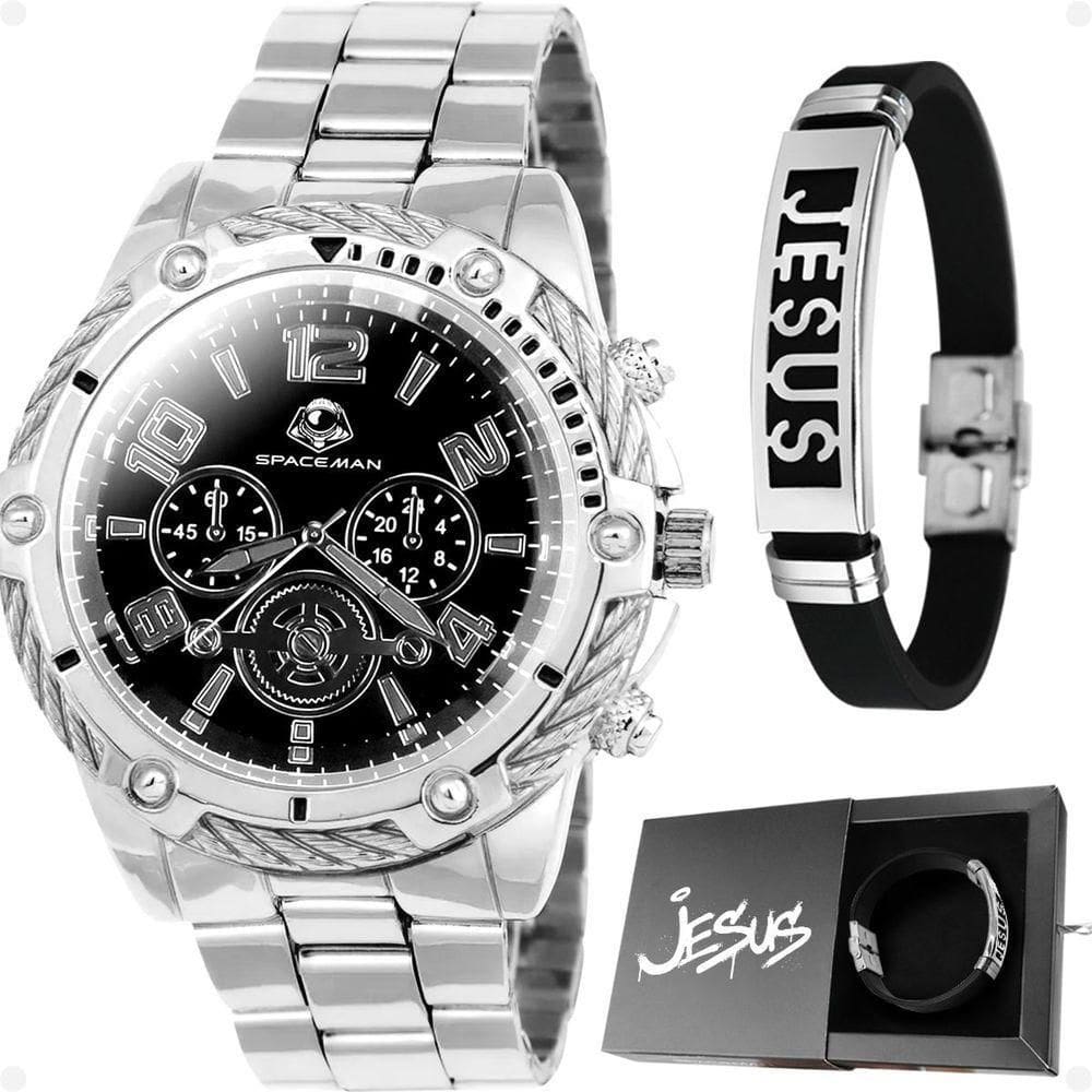 Relógio Masculino Prata Aço Inox + Pulseira Pai Nosso Casual Social Robusto Analogico autêntico