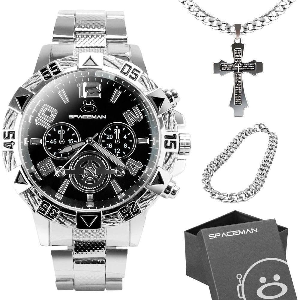 Relogio Masculino Aço Inox Prata + Caixa + Pulseira Analogico Social Presente autêntico Casual Preto