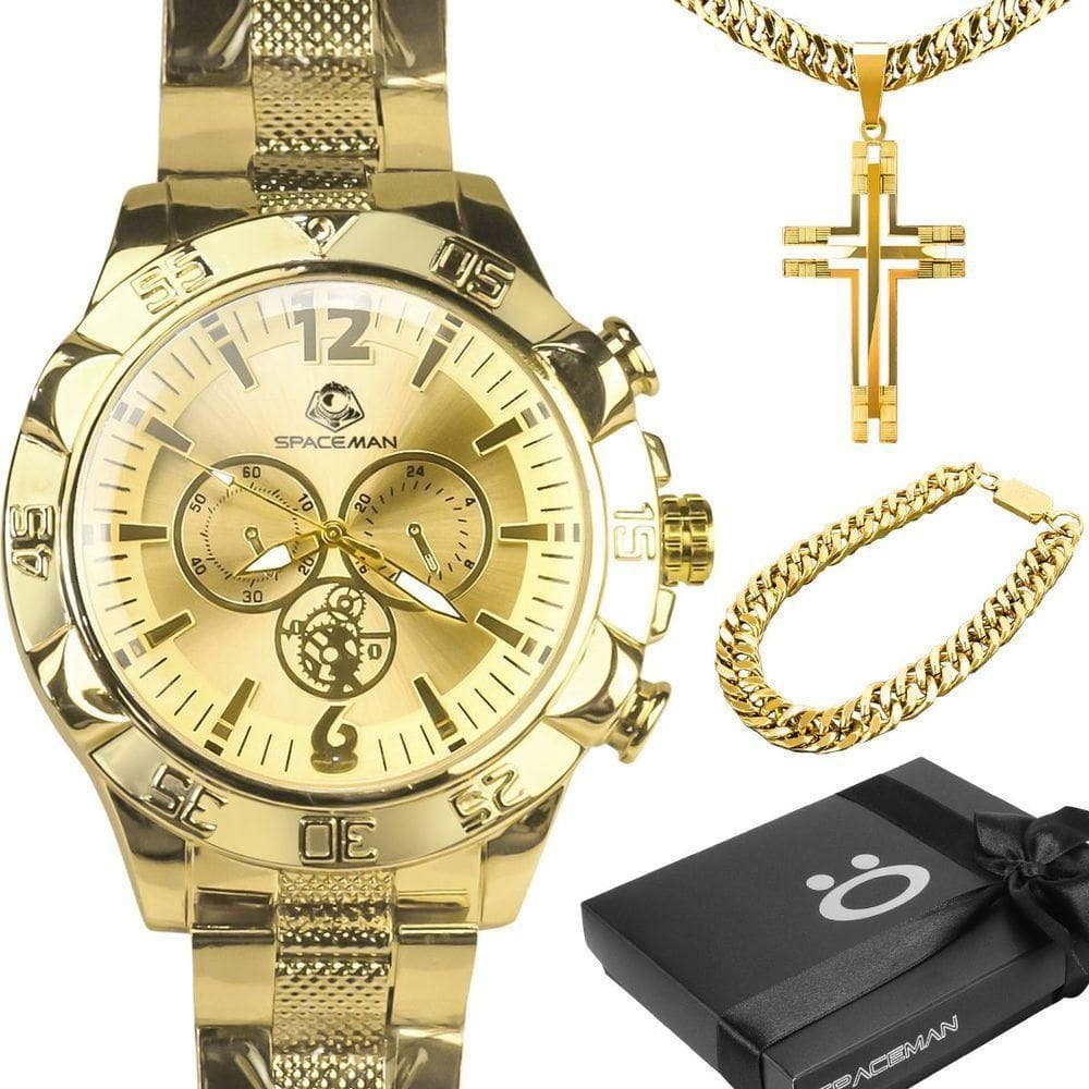 Título 24: Relogio Masculino Aço Inox Banhado + Corrente + Pulseira Analogico Social autêntico Casual