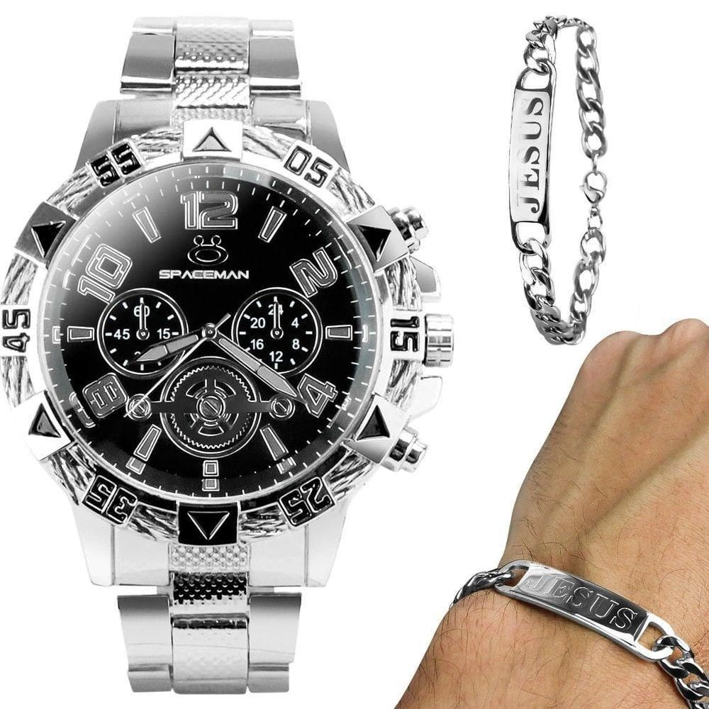 Relogio Masculino Aço Inoxidavel Prata + Pulseira Pai Nosso Presente Analogico Casual autêntico