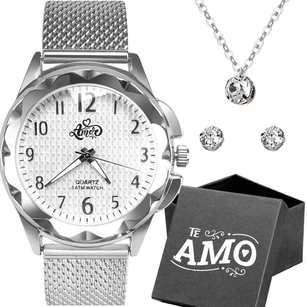 Relogio Feminino Aço Inox Prata + Pulseira + Colar + Caixa Strass Moda Edição Limitada autêntico