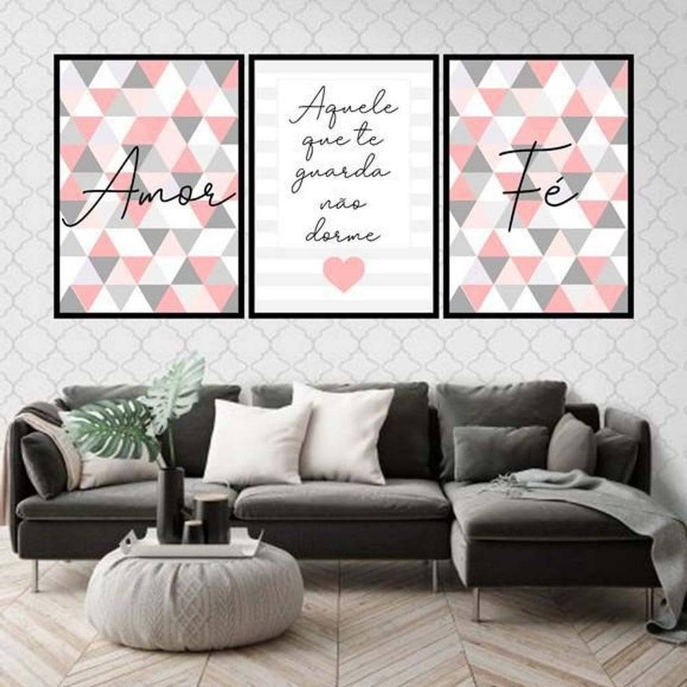 Kit 3 Quadros Decorativos Fé Amor Triângulos Salmon