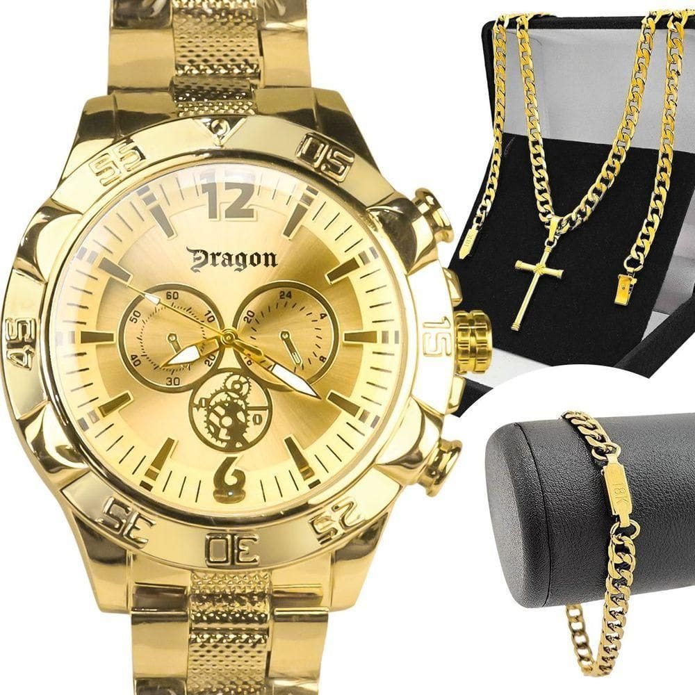 Relogio Masculino Banhado Ouro Aço + Crucifixo + Pulseira Grande autêntico Presente Casual Pesado