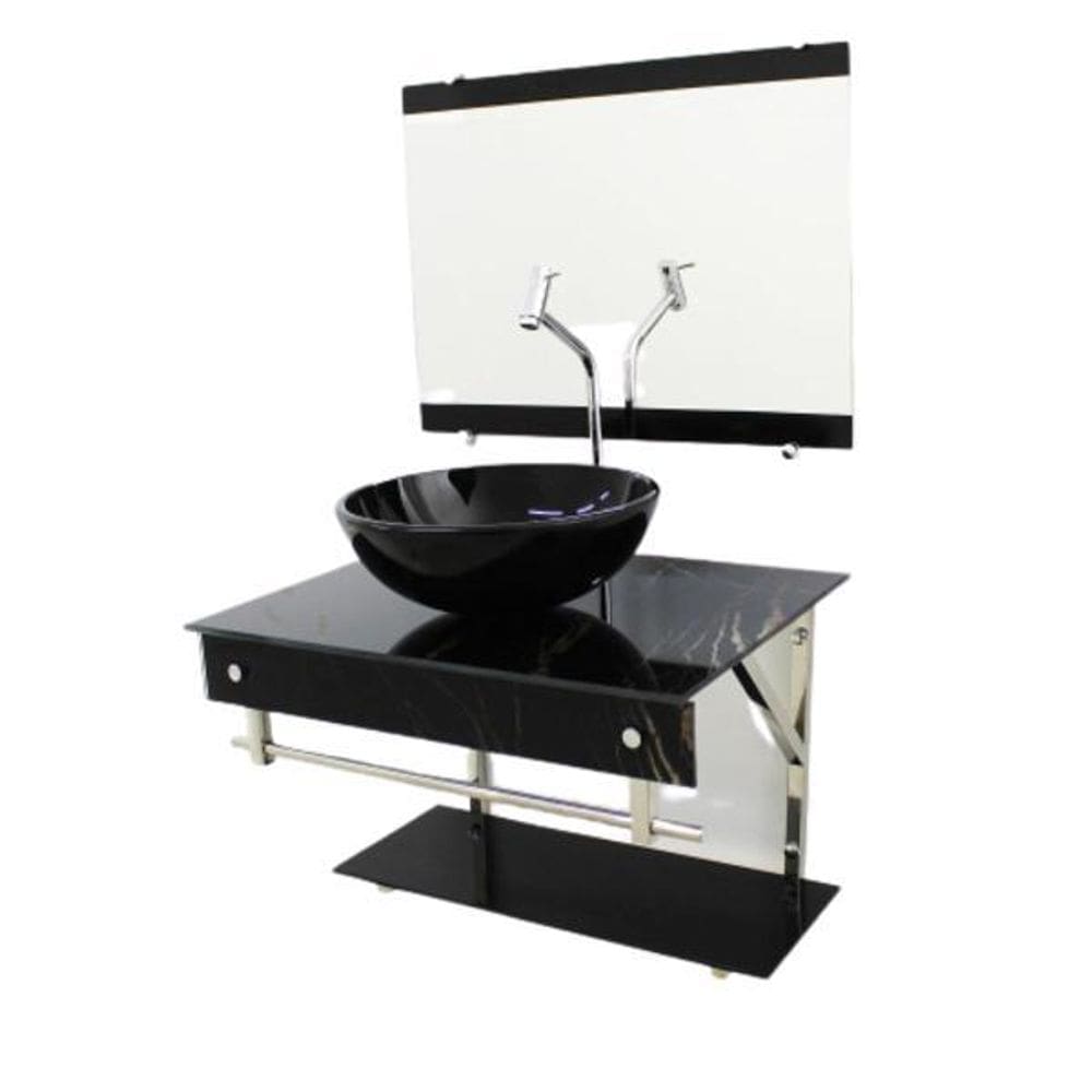 Gabinete De Vidro 60Cm Iqx Inox Cuba Redonda Mármore Preto