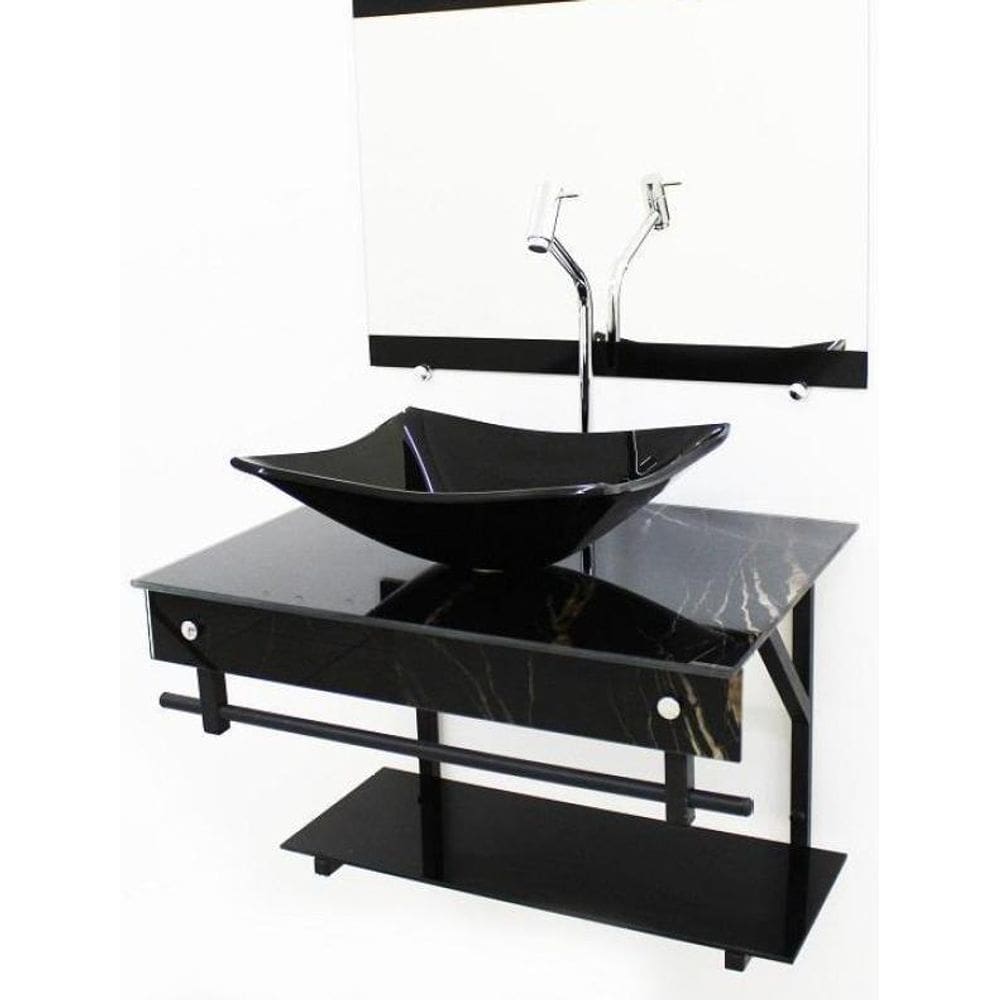 Kit Gabinete 60Cm Cuba Retangular Mármore Preto + Torneira
