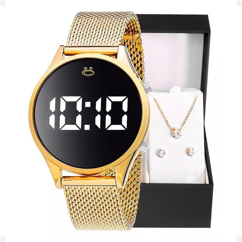 Relogio Feminino Digital Dourado + Colar Caixa Led Moda Silicone Ajustavel Academia autêntico Casual