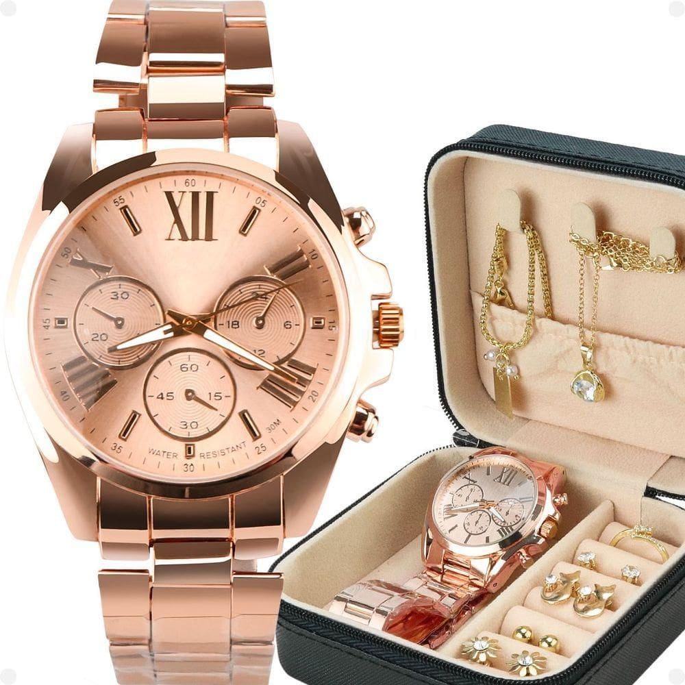 Relogio Feminino Banhado + Pulseira + Porta Joia + Colar Qualidade Premium Presente autêntico Social