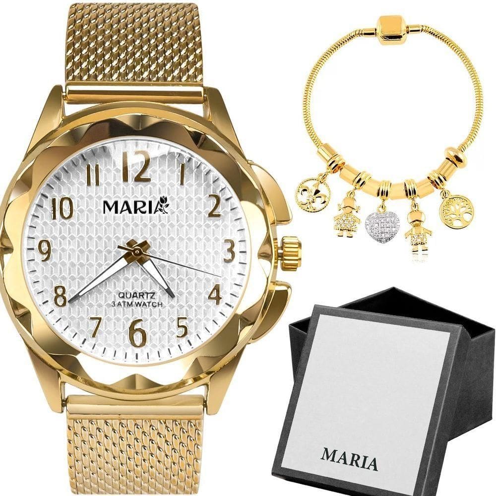 Relogio Feminino Banhado Aço Inox + Pulseira Pandora + Caixa Strass Presente Moda autêntico Social