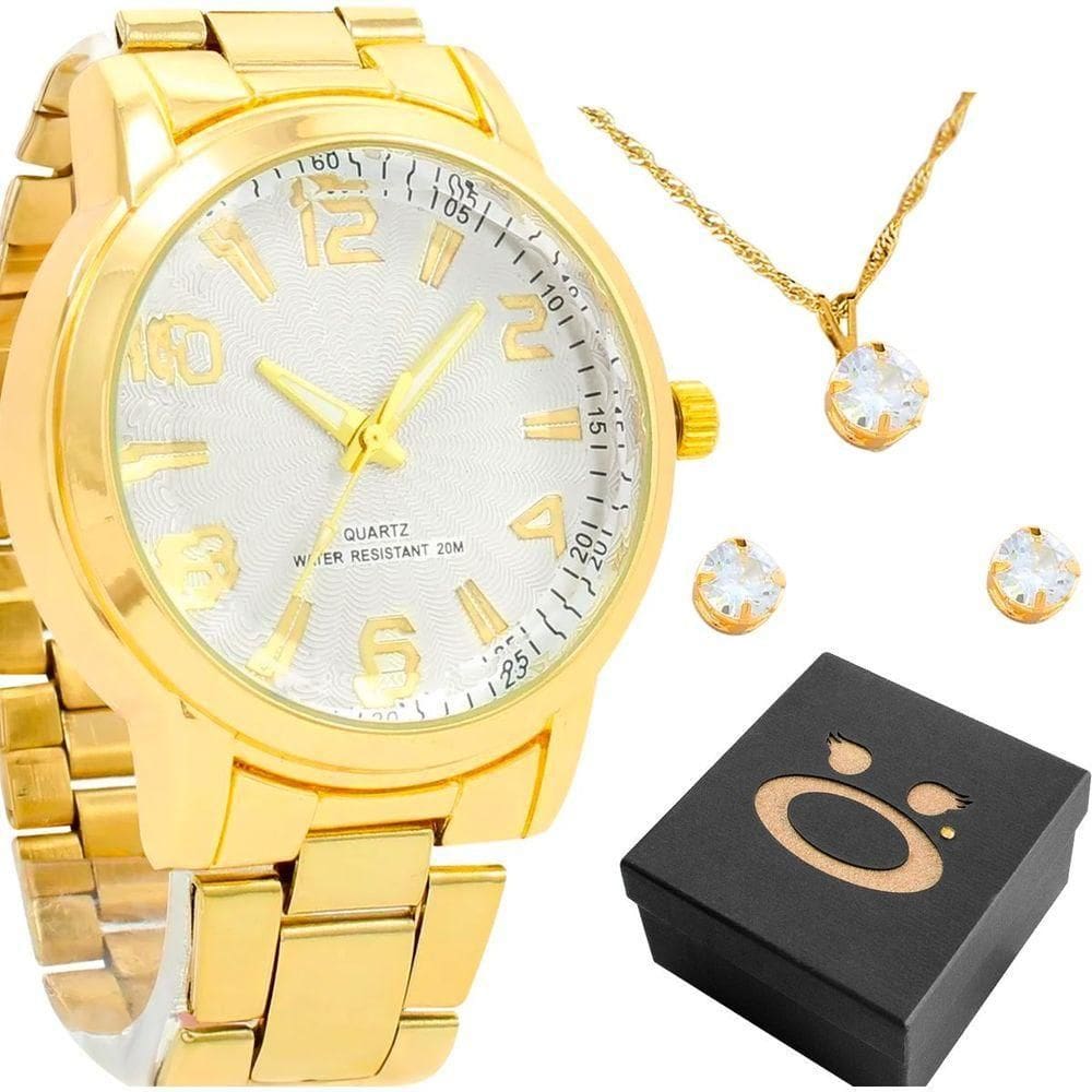 Relogio Feminino Aço Dourado + Brincos Strass Colar + Caixa Casual Ponteiro Presente autêntico Social