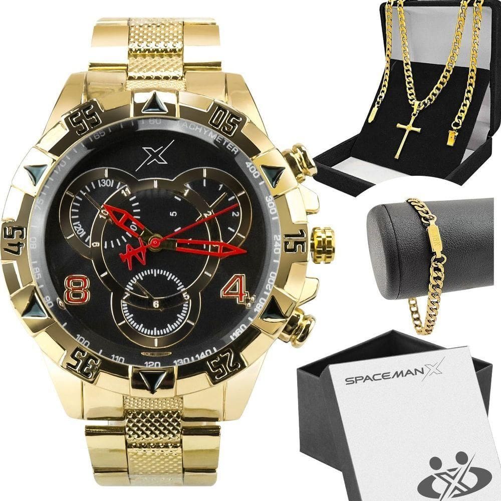 Relogio Masculino Aço Dourado + Caixa + Pulseira Grande Mostrador Preto Religioso autêntico Ponteiro