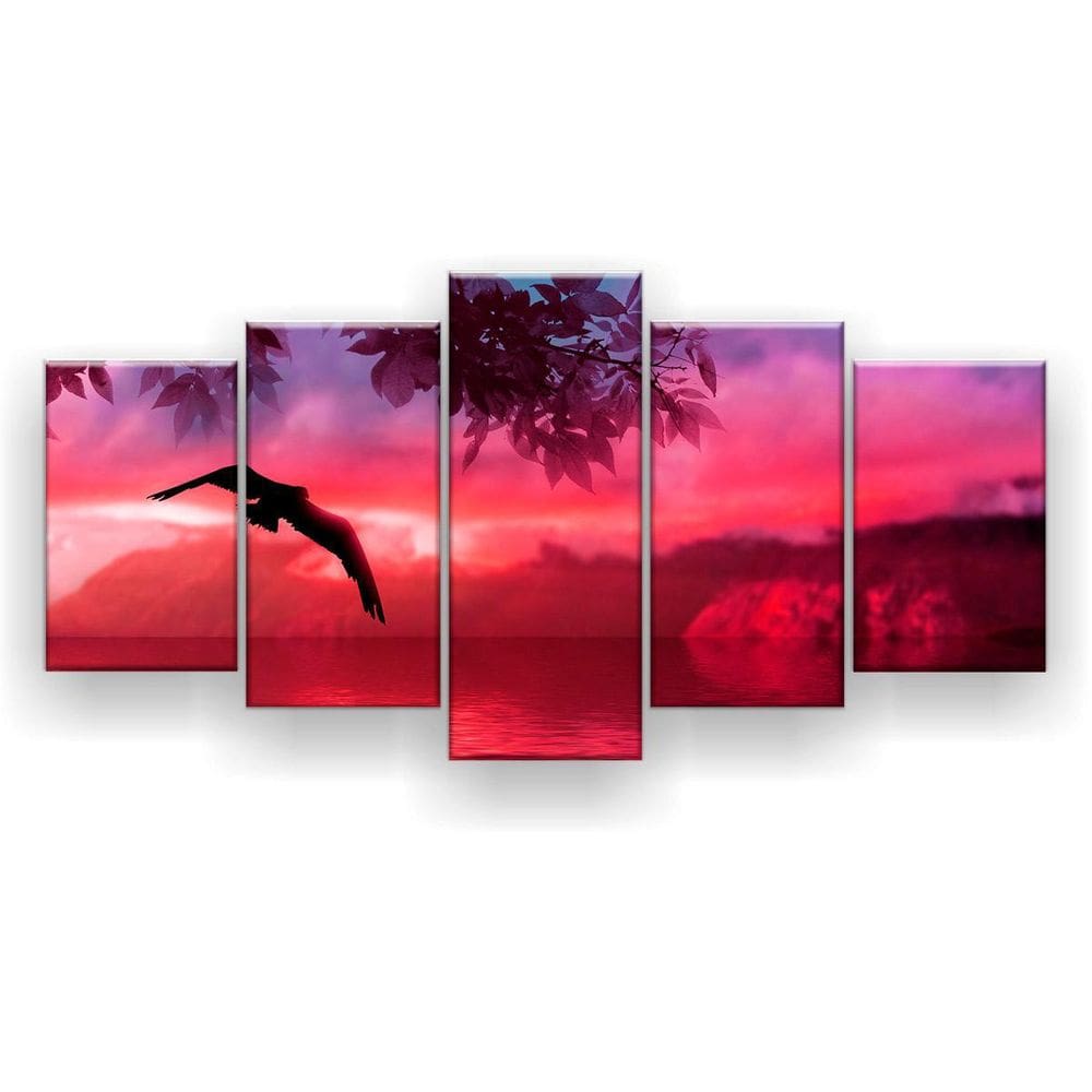 Quadro Decorativo Horizonte Rosa 129x61 Mosaico 5 Peças