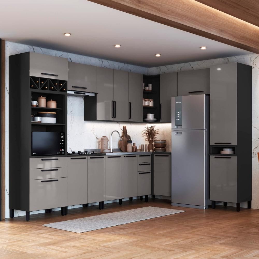 Cozinha Modulada Completa Fidelitá Mônaco 9 Peças 549cm 16 Portas 4 Gavetas Sem Tampo Cinza/Titânio