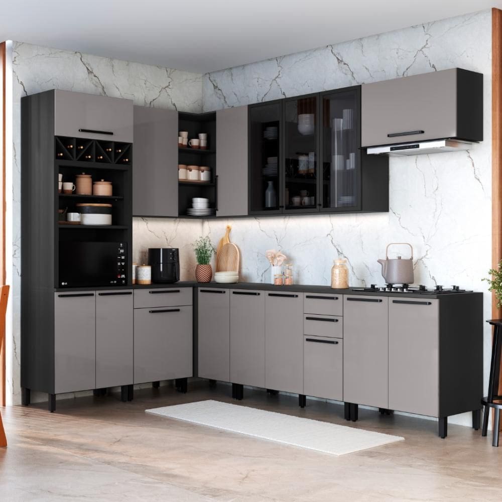 Cozinha Modulada Completa Fidelitá Mônaco 8 Peças 479cm 16 Portas 4 Gavetas Com Tampo Cinza/Titânio