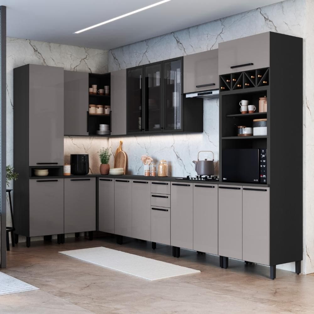 Cozinha Modulada Completa Fidelitá Mônaco 10 Peças 529cm 18 Portas 2 Gavetas Com Tampo Cinza/Titânio