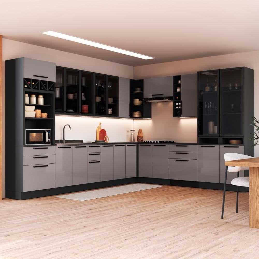 Cozinha Modulada Completa Fidelitá Mônaco 14 Peças Com Rodapé 659cm 23 Portas 6 Gavetas Sem Tampo Cinza/Titânio