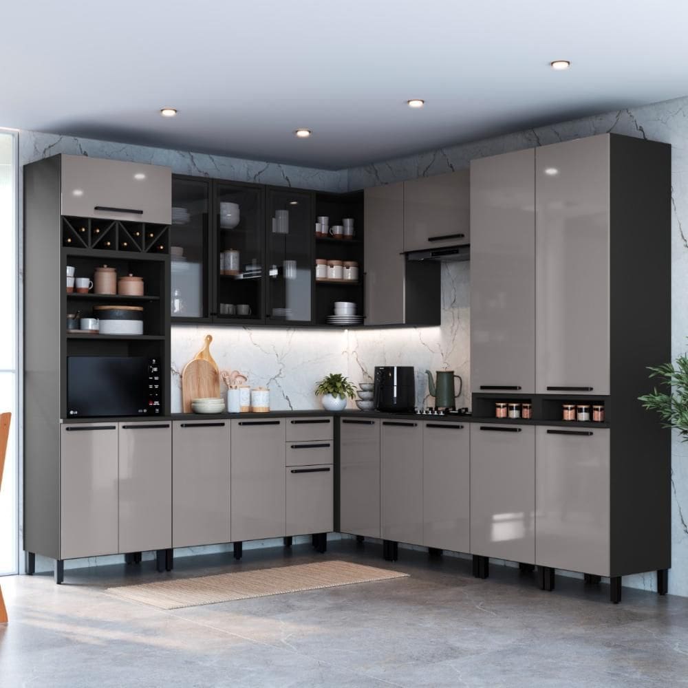 Cozinha Modulada Completa Fidelitá Mônaco 8 Peças 519cm 18 Portas 2 Gavetas Com Tampo Cinza/Titânio