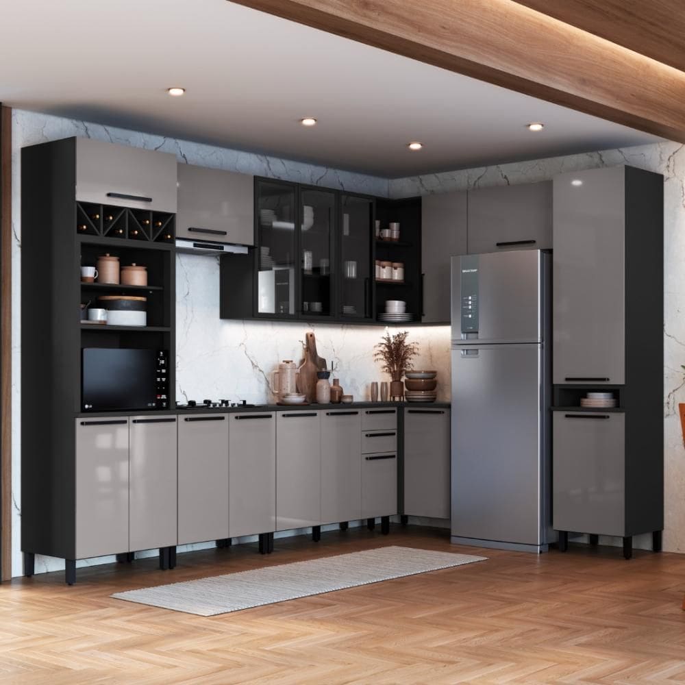 Cozinha Modulada Completa Fidelitá Mônaco 9 Peças 549cm 17 Portas 2 Gavetas Com Tampo Cinza/Titânio