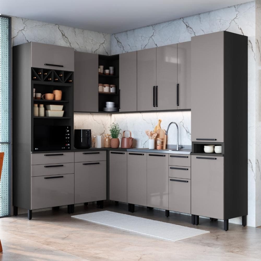 Cozinha Modulada Completa Fidelitá Mônaco 8 Peças 449cm 14 Portas 5 Gavetas Sem Tampo Cinza/Titânio