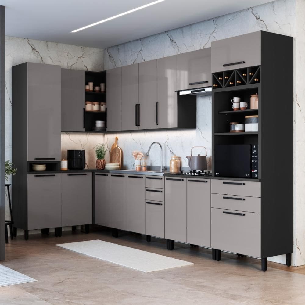 Cozinha Modulada Completa Fidelitá Mônaco 10 Peças 529cm 17 Portas 4 Gavetas Sem Tampo Cinza/Titânio