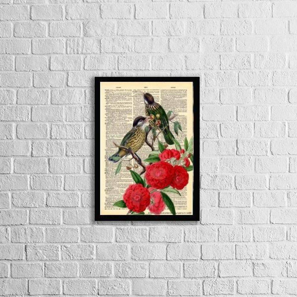 Quadro Decorativo Floral Com Pássaros 45X34Cm Moldura Preta