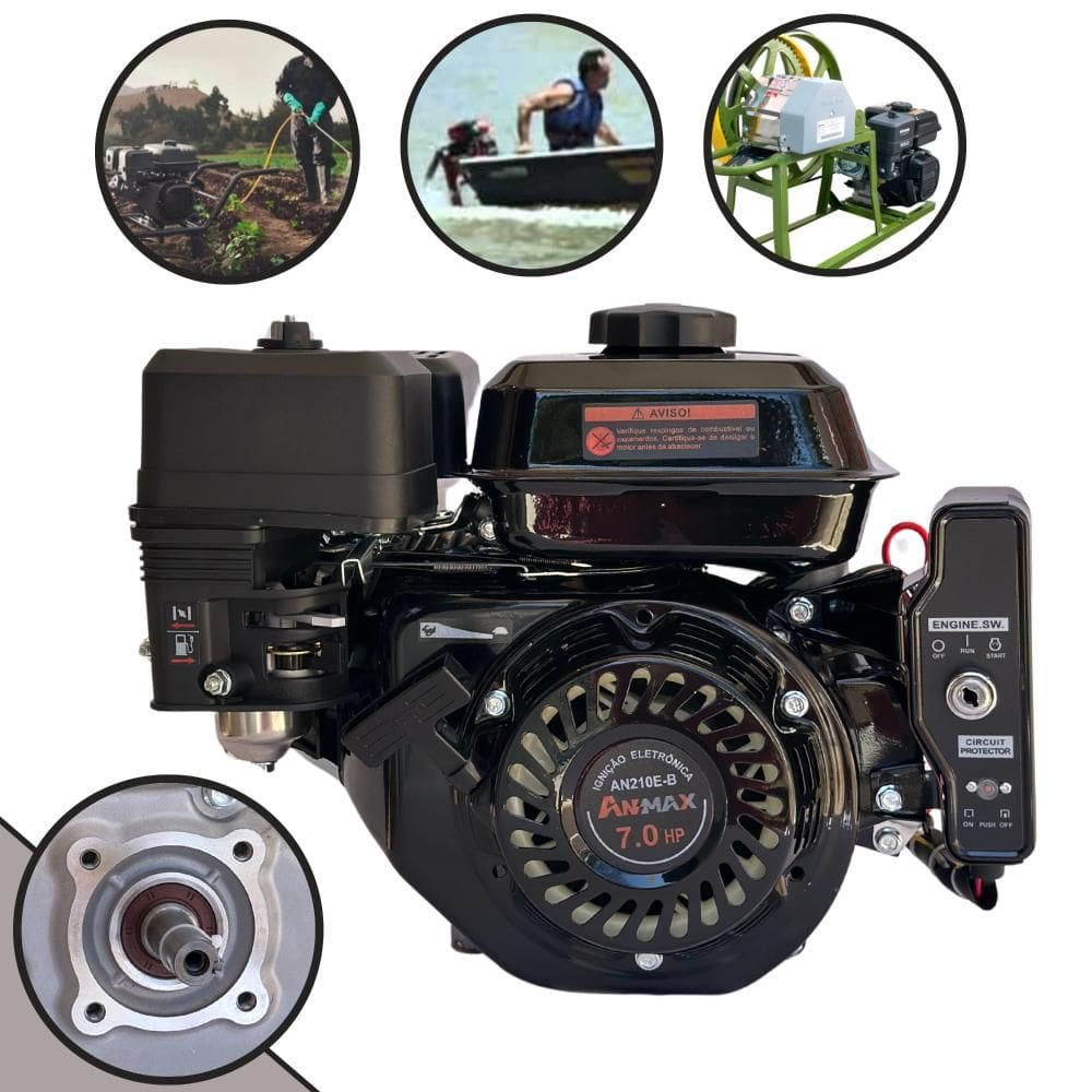 Motor Estacionário Anmax AN210E À Gasolina Motor 4 Tempos 208cc 7HP de Potência 3.600rpm Partida Elétrica Com Eixo 19,05mm Chavetado Horizontal