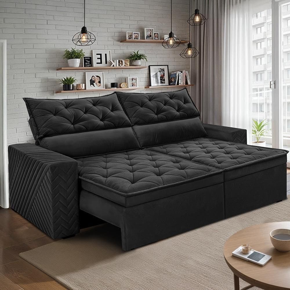 Sofá Retrátil E Reclinável 2,30m Essence Velusoft Preto Cama Inbox