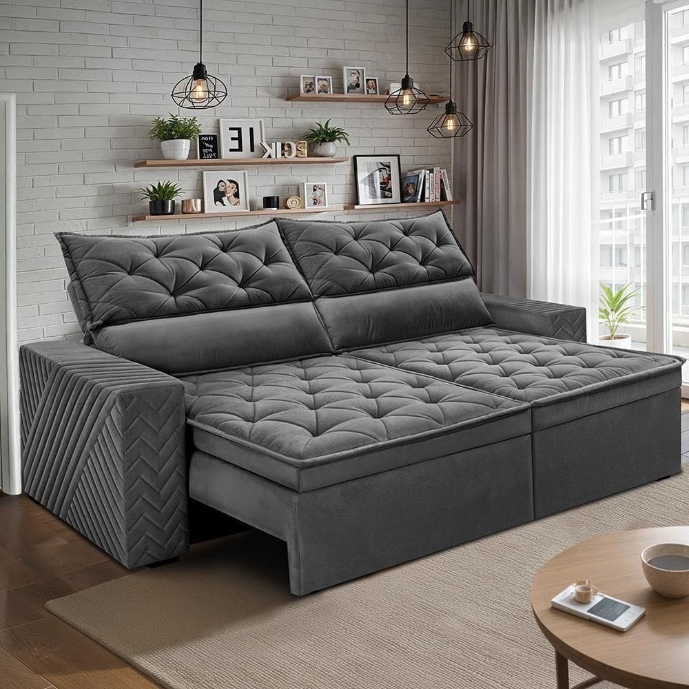 Sofá Retrátil E Reclinável 2,30m Essence Velusoft Cinza Cama Inbox