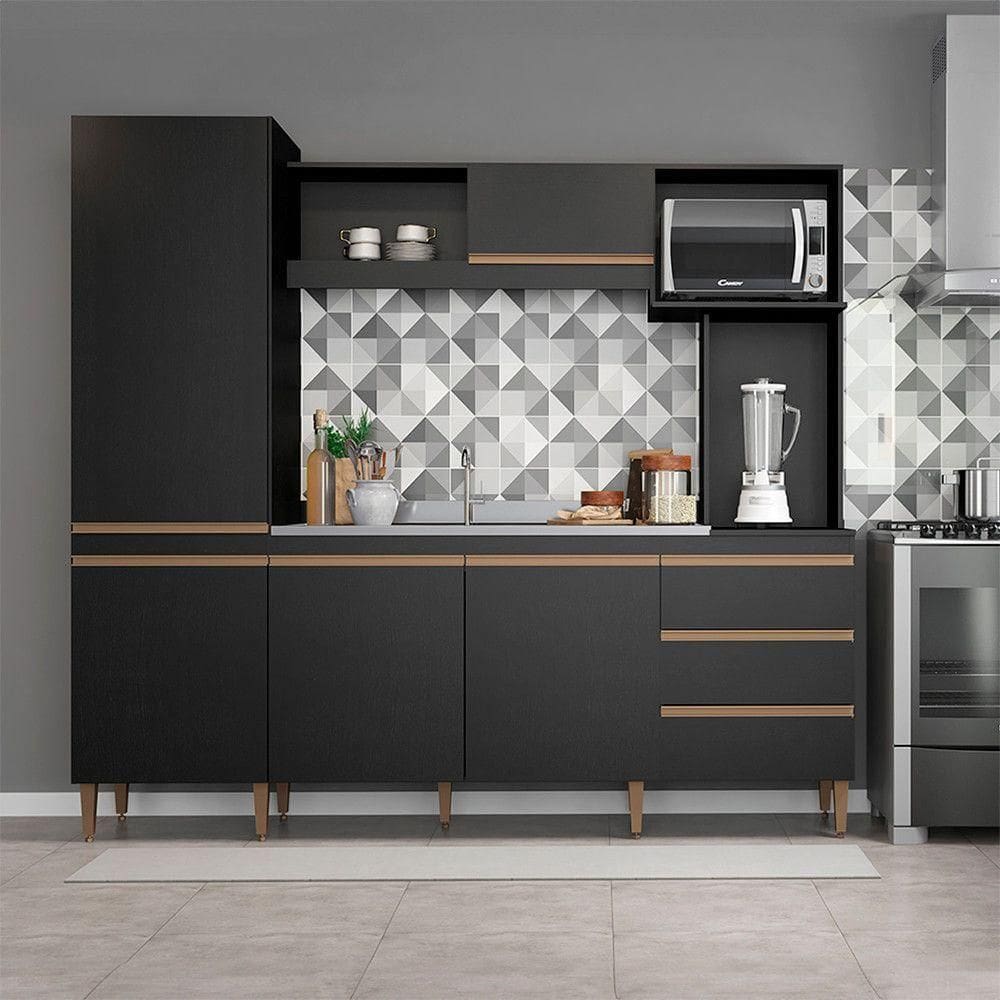 Armário De Cozinha Com Balcão Pia 215x203cm Mdp Menu Móveis Preto