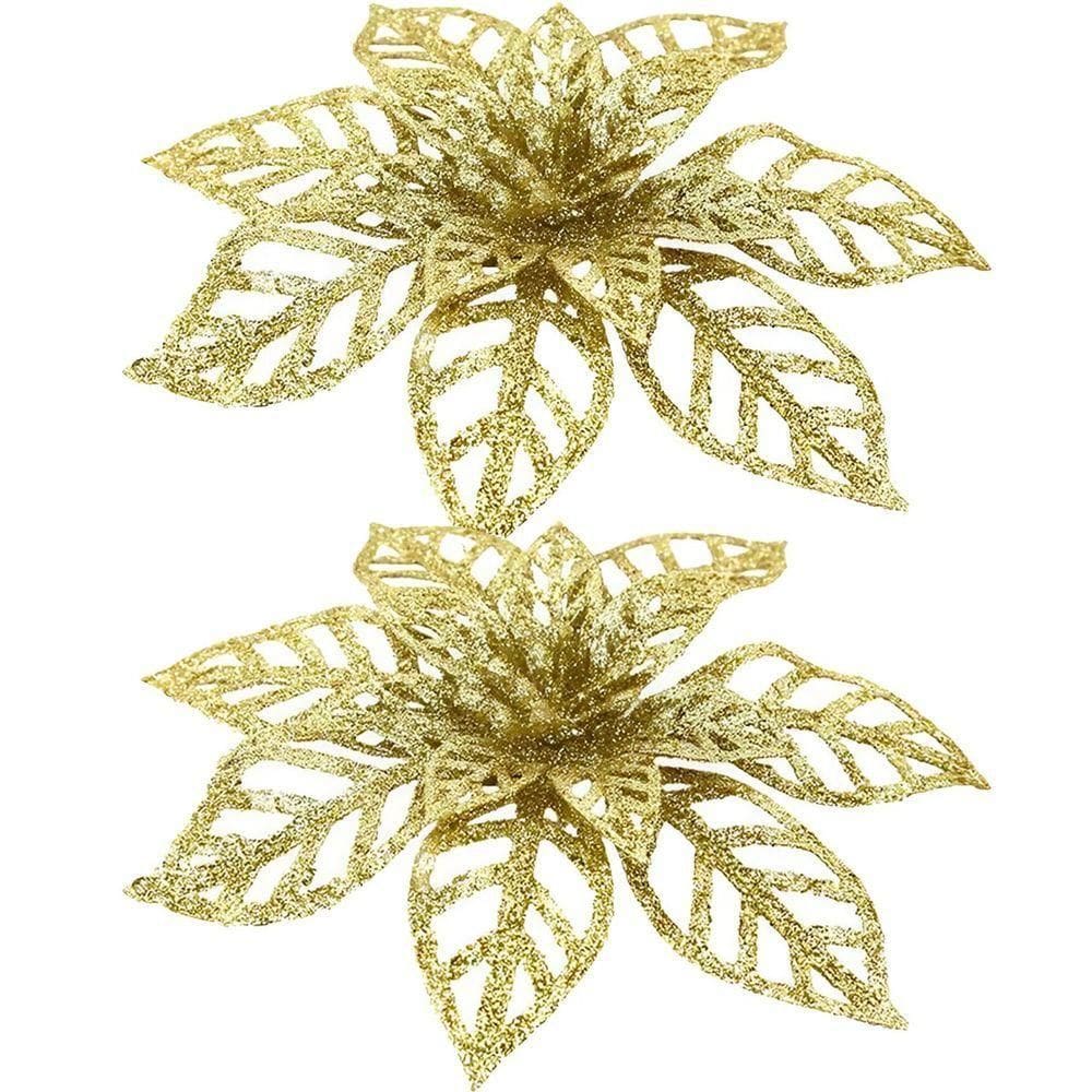 Kit 8 Flores Douradas Gliter Decoração árvore De Natal 14cm