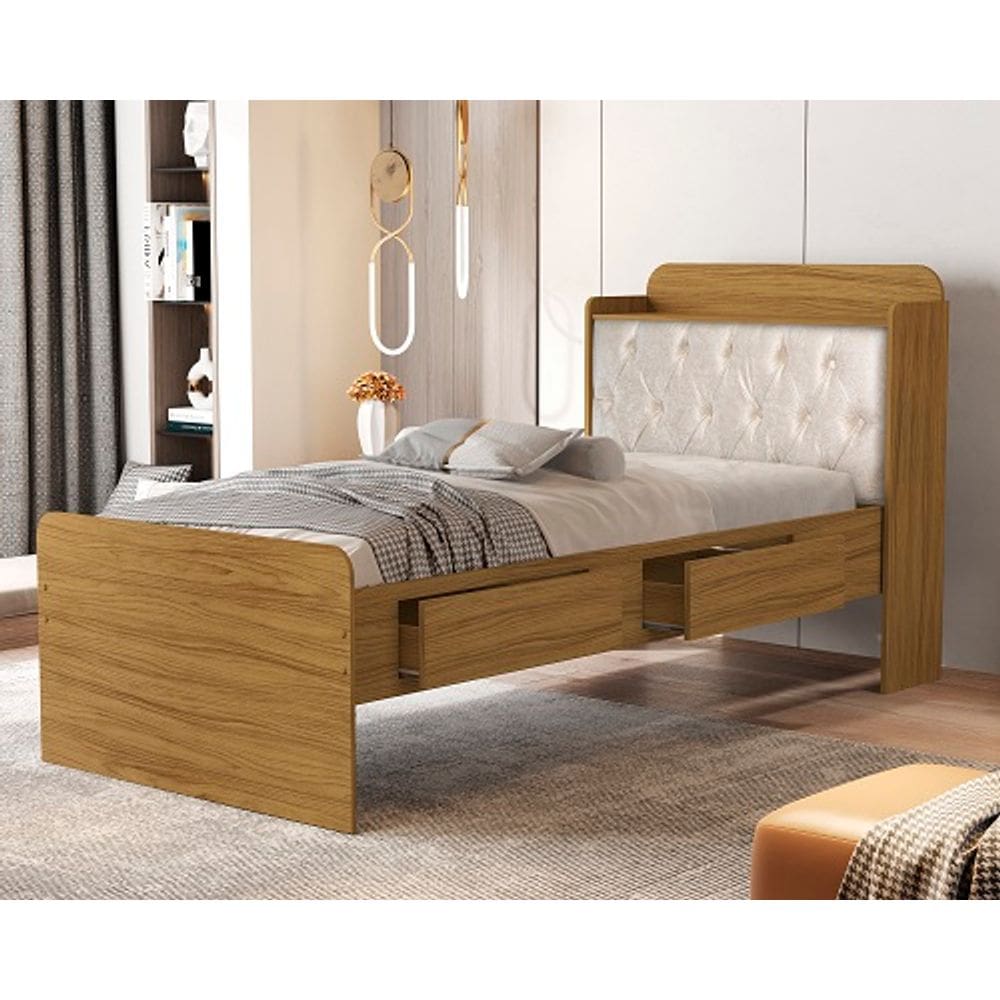 Cama Tamires Baú 2 Gavetas Solteiro Com Capitonê Nature/Bege – VJ Móveis