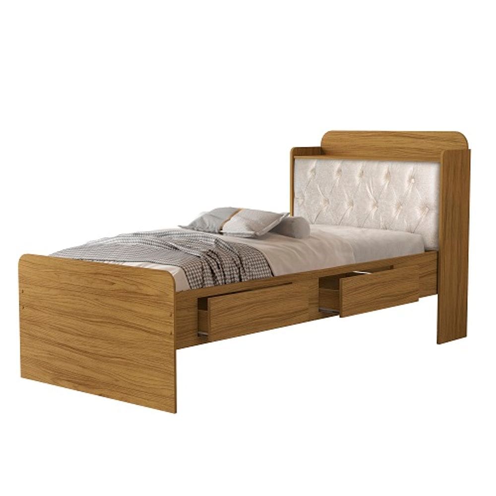 Cama Tamires Baú 2 Gavetas Solteiro Com Capitonê Nature/Bege – VJ Móveis