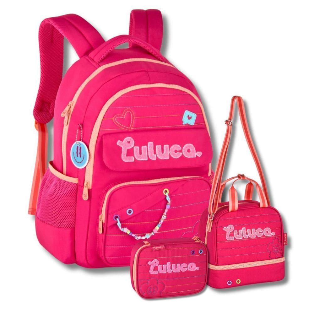 Kit Mochila Costas Lancheira Estojo Luluca Escolar Rosa Kids