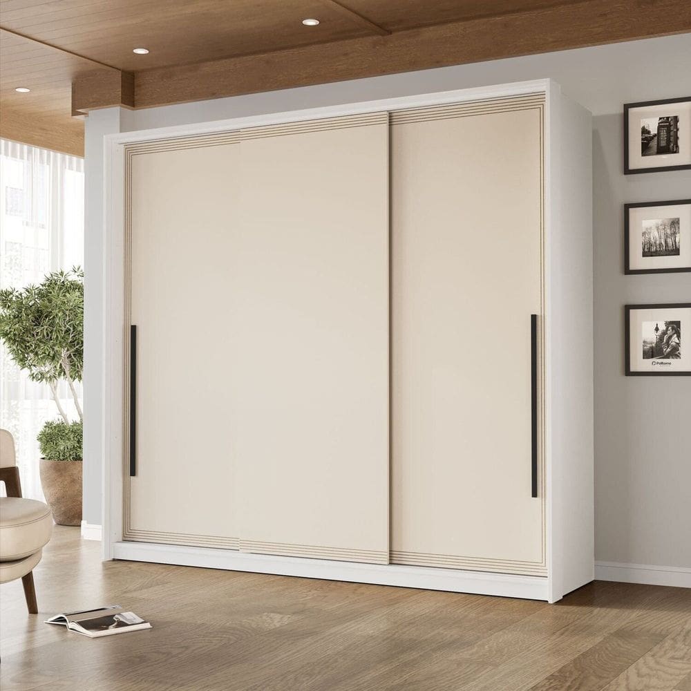 Guarda-Roupa 3 Portas de Correr 4 Gavetas Valência Branco/Creme