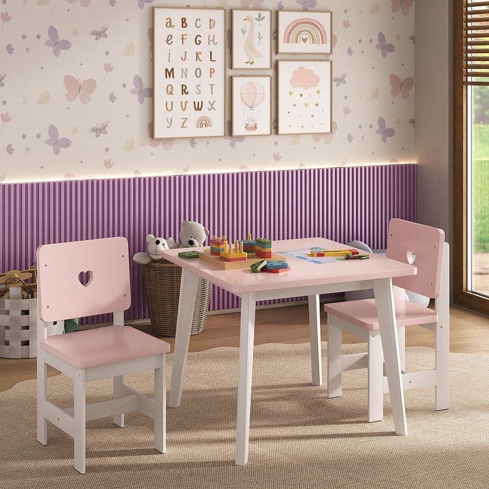 Conjunto Infantil Mesa com 2 Cadeiras Madeira de Pinus Sofia branco / rosa