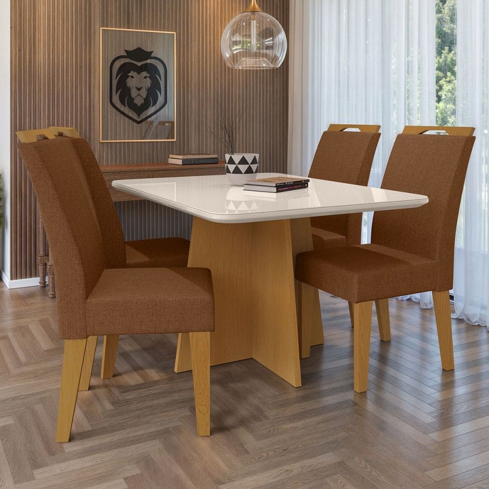 Mesa de Jantar 4 Lugares Evora com Vidro Natural/Marrom - Art Panta