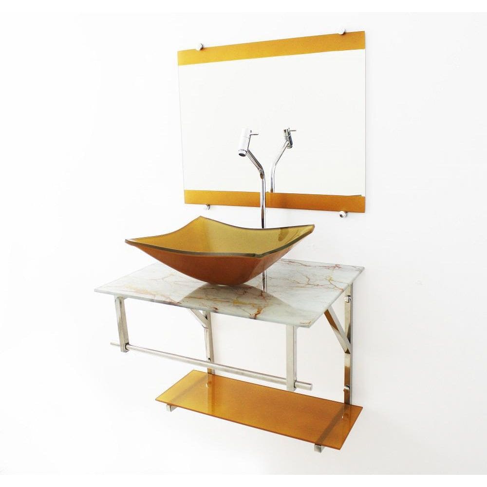 Gabinete Vidro 60Cm Cuba Retangular Mármore Branco Dourado