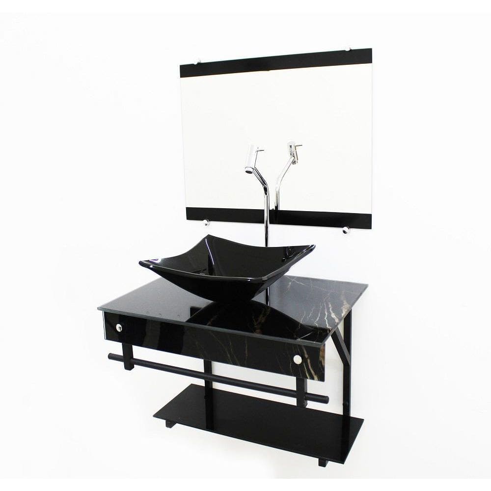 Kit Gabinete 60Cm Cuba Quadrada Mármore Preto + Torneira
