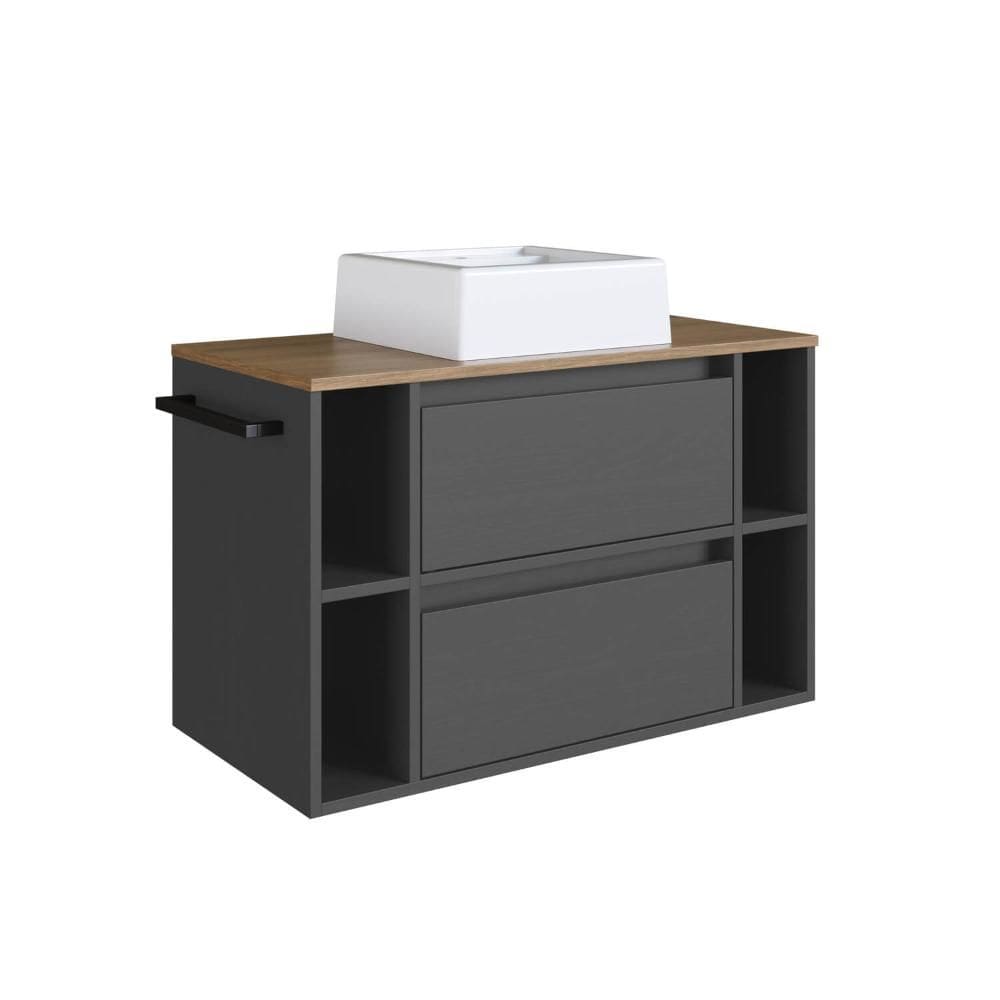 Gabinete Suspenso 80cm Mel Grafite com Nichos Gaveta e Cuba BH8010MGCUBA