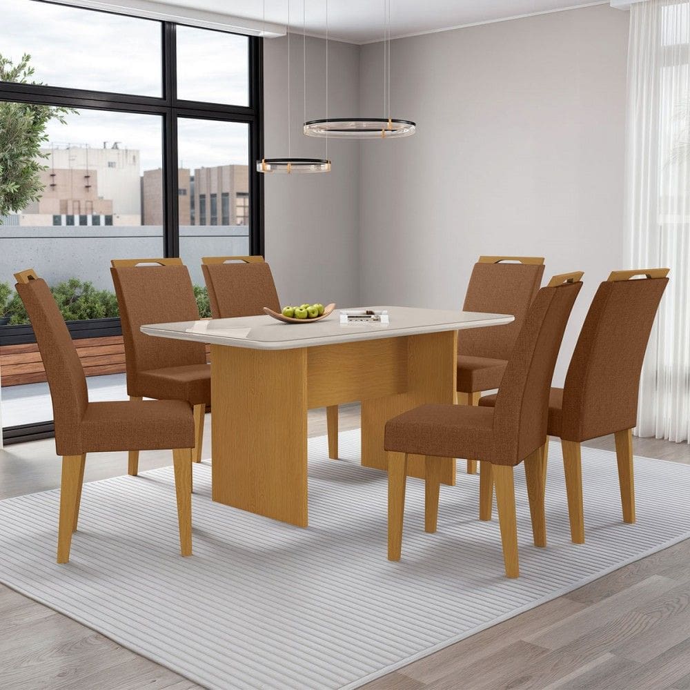 Mesa de Jantar 6 Lugares Cairo Evora com Vidro Natural/Marrom - Art Panta